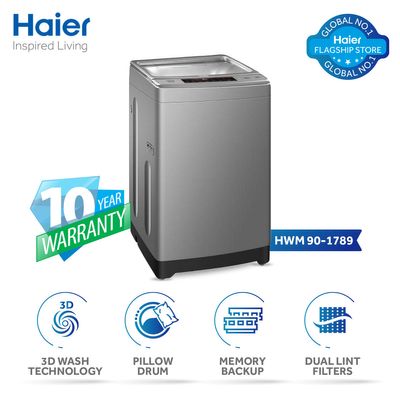 Haier Automatic Washing Machine (HWM 90-1789) 09kg/ 3D Wash Series/ Fully Automatic/ Top Loading Washing Machine (3D Wash Technology/ Memory Backup/ Pillow Drum/ Double Lint Filters) 10 Years Warranty.